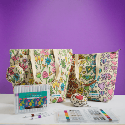 DIY Doodle Bag Bundle - Wildflower & Love Heart Tote Bags & Acrylic Markers